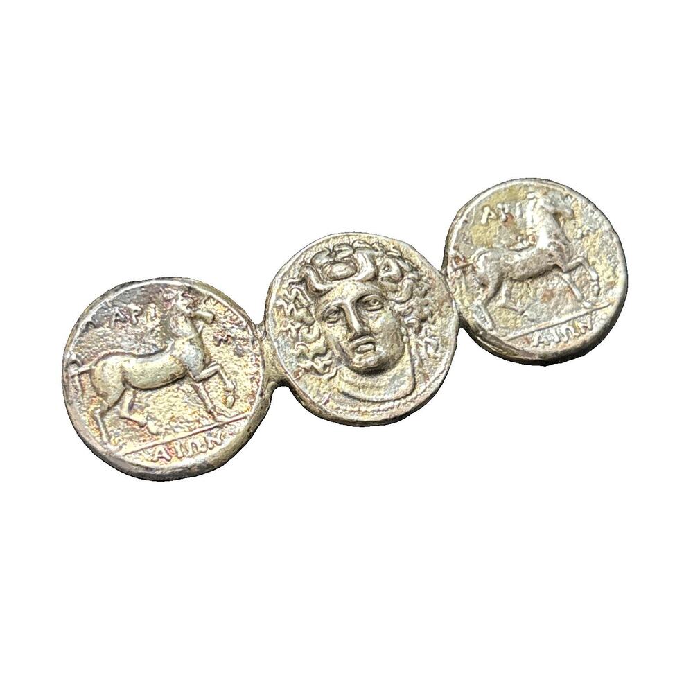 Vintage Alva Studios Bust & Horses Roman Coin Brooch Pin Signed Silver Tone 2.5”